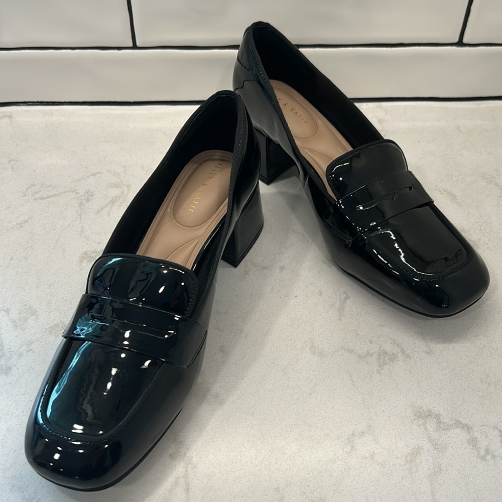 Kelly & Katie Payln Loafer Black Glossy Platform Heel Slip On Academia Office - Picture 14 of 16